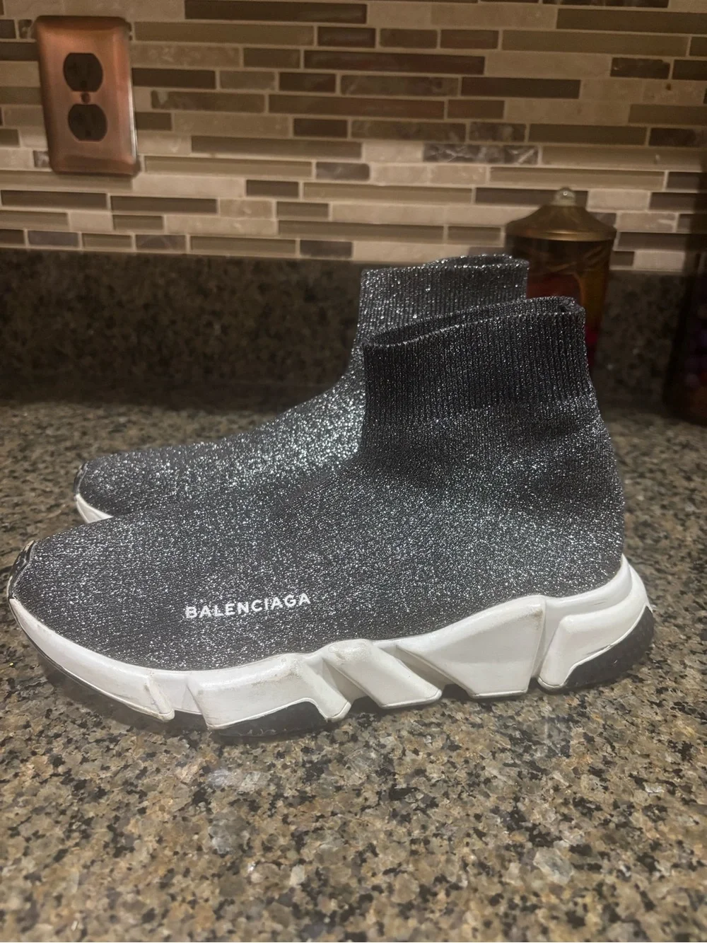Balenciaga Women’s Black Glitter Sock Sneakers with White Sole - Picture 4 of 13